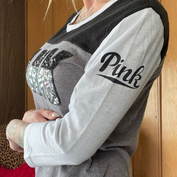 Pink sequin grey and black baseball T - Picture 2 of 4